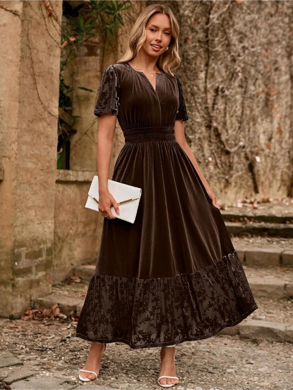 🆕 Women's Brown Short Sleeve V Neck Formal Velvet Empire Waist Maxi Dress - Picture 3 of 6